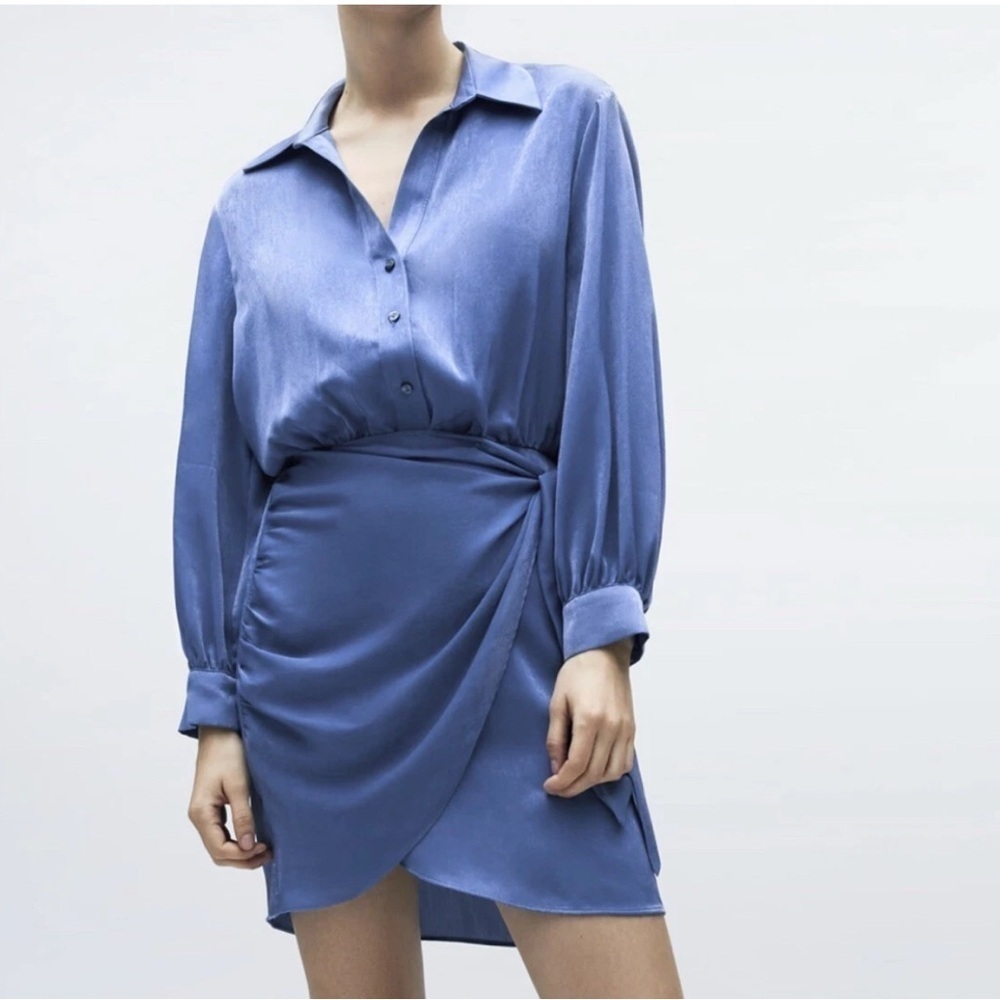 ZARA WOMAN FW21 INDIGO Blue SATIN EFFECT Wrap Style Mini DRESS Size XS - Picture 1 of 10
